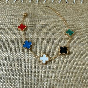 GOLD PLATED CLOVER BRACELET MULTI COLOR STONES REVERSIBLE STAINLESS STEEL
